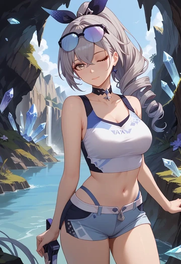 star rail,silver wolf,sleeveless swim top,shorts-style bottom,contrast stitching  - AI generated anime art